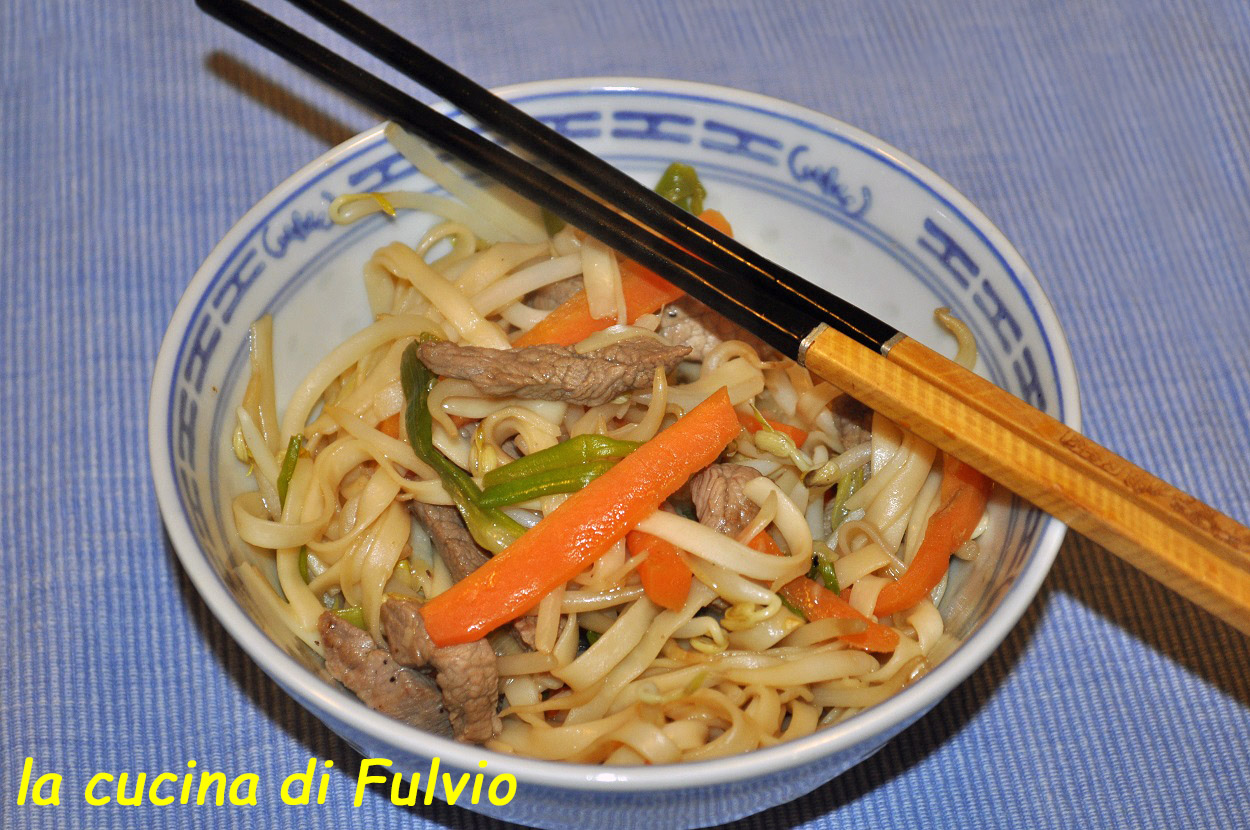Wow of chow mein (炒 麺) with sprouts and beef, light recipe